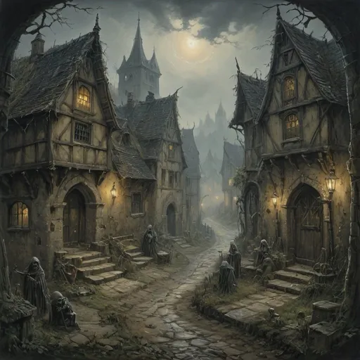 Prompt: Anton Pieck-style overview oil painting of a dark medieval fantasy village, dark lighting, foggy atmosphere, overgrown ruins, haunting ghosts, ghouls, and skeletons, eerie and dark, detailed brushwork, haunting figures emerging from the mist, village of the damned, old world charm, oil painting, dark tones, medieval, haunting atmosphere, eerie figures, detailed ruins, foggy setting, ghostly presence, atmospheric lighting