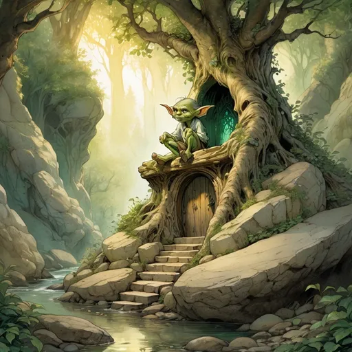 Prompt: (a goblin character sitting by an ancient magical doorway growing atop a boulder in rocky terrain), anton pieck style, Green and wooden aspects, magical illuminating swirls surounding the tree, little stream flowing from the tree, sacred grove, mystical atmosphere, warm golden and emerald tones, rays of light filtering through the branches, enchanted forest background with dense foliage, high-definition, ultra-detailed,  serene and awe-inspiring, crisp image quality, nature's magic, intricate root systems wrapping around the boulder