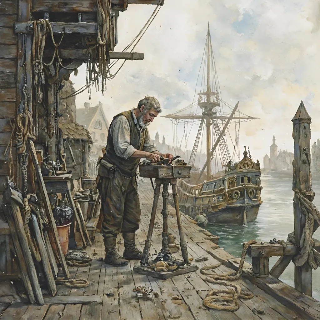 Prompt: (old man ship builder), (antique wooden wharf at the waters edge), (cranes and ropes) in intricate detail, medieval fantasy setting, watercolor painting anton pieck style, soft and muted colors, warm ambient lighting, filled with dust motes, nostalgic atmosphere, charming clutter, whimsical and dreamy quality, ultra-detailed, inviting vibe that captures the essence of craftsmanship and imagination.