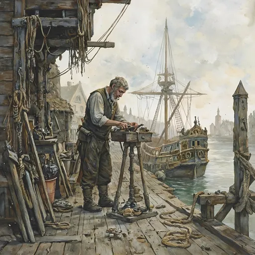 Prompt: (old man ship builder), (antique wooden wharf at the waters edge), (cranes and ropes) in intricate detail, medieval fantasy setting, watercolor painting anton pieck style, soft and muted colors, warm ambient lighting, filled with dust motes, nostalgic atmosphere, charming clutter, whimsical and dreamy quality, ultra-detailed, inviting vibe that captures the essence of craftsmanship and imagination.