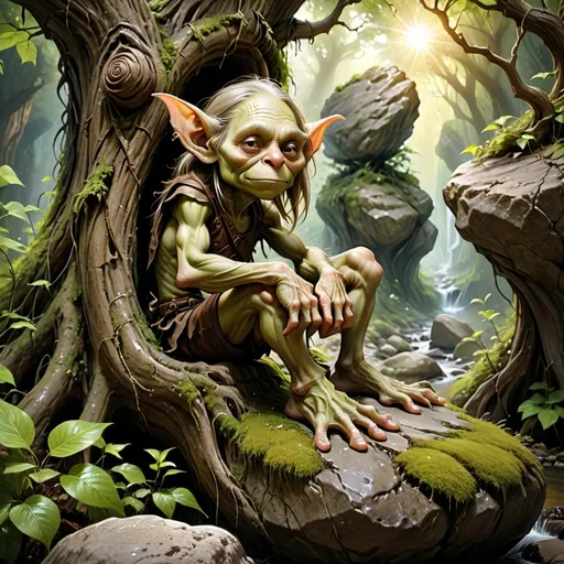 Prompt: (a goblin character sitting by an ancient magical tree growing atop a boulder in rocky terrain), Green and wooden aspects, magical illuminating swirls surounding the tree, little stream flowing from the tree, sacred grove, mystical atmosphere, warm golden and emerald tones, rays of light filtering through the branches, enchanted forest background with dense foliage, high-definition, ultra-detailed,  serene and awe-inspiring, crisp image quality, nature's magic, intricate root systems wrapping around the boulder