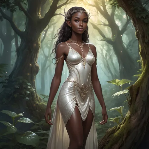 Prompt: Full-body dark skin elven girl , mystical forest setting, wearing a pearl colored glossy short dress, ethereal and glowing, high-quality, digital painting, detailed features, elegant pose, vibrant and lush environment, magical, fantasy, ethereal lighting