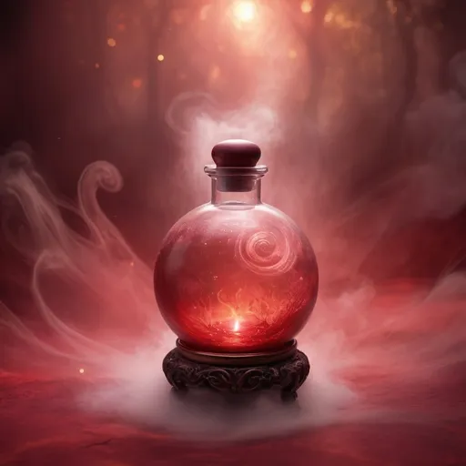 Prompt: (healing potion), (magical fog swirls), vibrant colors, luminous glow, enchanting atmosphere, mystical elements, ethereal background, deep shades of red ,delicate sparkles, aura of tranquility, charm of nature, ultra-detailed, high quality, dreamlike essence, whimsical ambiance.