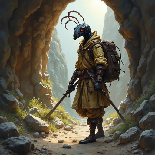 Prompt: (humanoid ant), DnD character,medieval adventurer, dungeon crawling, exploring dimly lit caves, rugged landscape, richly detailed oil painting, expressive facial features, sturdy leather backpack, atmospheric shadows, vibrant earth tones, mysterious ambiance, high-quality craftsmanship, dynamic composition, encapsulating the spirit of adventure and discovery.