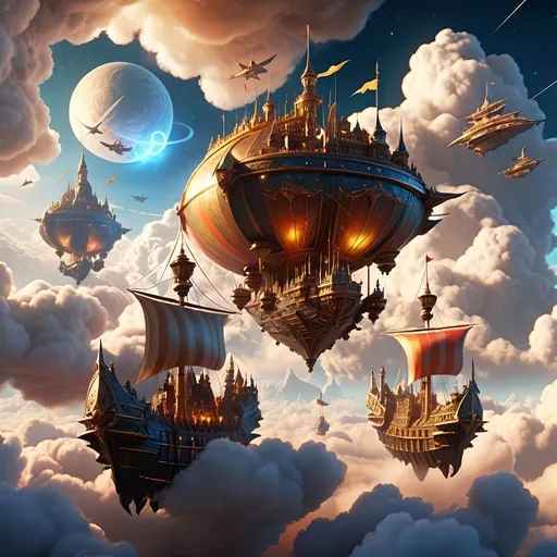 Prompt: (skydock high in the clouds with flying ships), ships with wings, medieval fantasy, soft glowing lights, space-inspired elements, ultra-detailed, intricate designs, majestic, sense of wonder and adventure,  floating clouds, fantasy environment, high resolution, 4K, vibrant colors, cinematic masterpiece, captivating and awe-inspiring atmosphere.