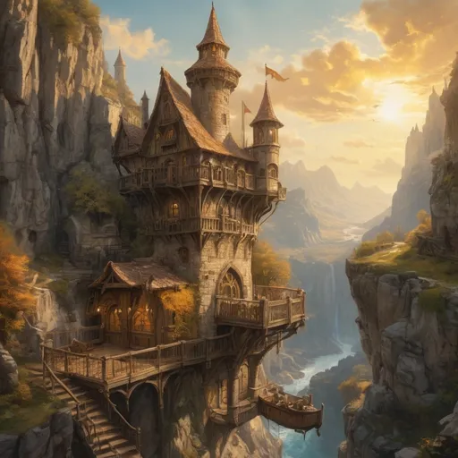 Prompt: (flying ship docked a balcony of a flying floating mage's tower), anton pieck style, oil painting, (golden clouds), sun's rays, rocky valley, wild stream, medieval fantasy, magical atmosphere, vibrant and warm colors, cinematic depth, highly detailed background, rugged landscape, serene ambiance, whimsical and enchanting scene, ultra-detailed, 4K.