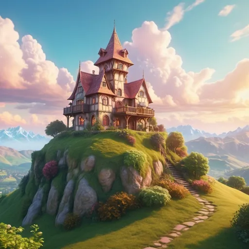 Prompt: (realistic fantasy house on a hilltop), medieval fantasy style, surrounded by (majestic mountains) in the background, enchanting atmosphere, (vibrant colors), golden sunlight illuminating the scene, lush greenery, whimsical architecture, inviting and cozy ambiance, detailed texture on the house, high-quality scenery, (4K ultra-detailed), dreamy and surreal environment, sky filled with soft pastel clouds.