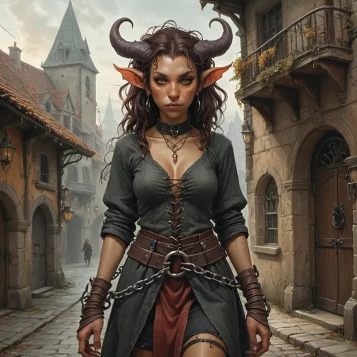 Prompt: (depiction of a captured  chained and shackled tiefling woman DnD), beiing sold on the marked, nostalgic (Anton Pieck-inspired architecture) in the background, torn clothing, showcasing whimsical details, charming warm tones, and rich textures, a fantasy ambiance, enchantingly detailed, evoking a sense of wistful beauty, high-quality (4K), ultra-detailed, magical atmosphere.