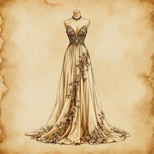 Prompt: technical drawing of a summer dress design, tropical style, medieval fantasy, intricately detailed pencil, elegant flowing shapes, rustic parchment background, soft texture contrasts, warm highlights,, artistic presentation, dynamic angles, fashion illustration elements, high-quality craftsmanship, refined, inspiring, showcasing creativity and design excellence, beautiful composition.