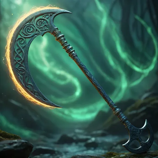 Prompt: (Enchanted scythe floating in the air), (illuminating celtic runes), glowing ethereal light, mystical ambiance, deep emerald and sapphire hues, high contrast, intricate details, misty background, magical aura, shadows swirling, high depth, cinematic masterpiece, ultra-detailed, atmospheric magic, 4K quality, epic fantasy setting.