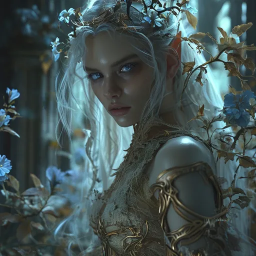 Prompt: Full depiction of a (unaturally beautiful elf woman) temple, wearing a (long flowing gown with intricate lace details) and (high heel armored boots), in a dark hunted forest, intense blue eyes, dark shadows enhance her elegance, hopefull ambiance, highly detailed features, flowers and vines intertwined, (HD) quality, magical atmosphere.