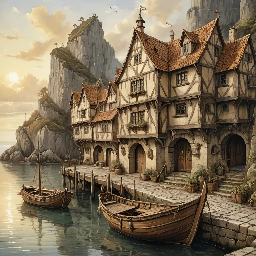 Prompt: oil painting, (medieval harbor setting), (small antique sailing trading boat),  wooden anton pieck styled chaotic structures, merchant guildhouse,  charming  arced wooden docks, intricate details, gentle waves, warm diffuse sunlight, historical architecture, fantasy elements, tranquil ambiance, rocky cliffs,  picturesque horizon blending into a golden cloud  sky, inviting atmosphere, dragon on the cliffs