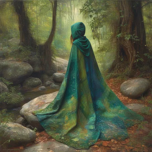 Prompt: (camelelon cloak), subtly blending with the lush greenery, (hanging gracefully over a rugged rock) in a mystical forest setting, (oil painting) style with vibrant, rich colors that evoke enchantment, detailed brush strokes capturing texture, magical ambiance with dappled sunlight filtering through trees, (DNDA motivated masterpiece), inviting adventure.