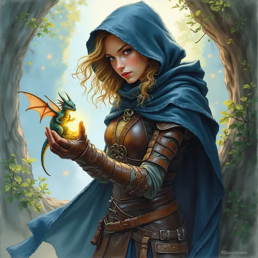 Prompt: (pencil watercolor painting) Justin Gerard style, D&D female character thief nseaking around, hiding a dragon hatchling within her cloak, (magical aura), leather armor and dark cloak, enchanting landscape background with fantasy elements, muted pastels and vibrant highlights, ethereal lighting creates a sense of wonder, ultra-detailed, inviting a narrative spirit and fantasy adventure.