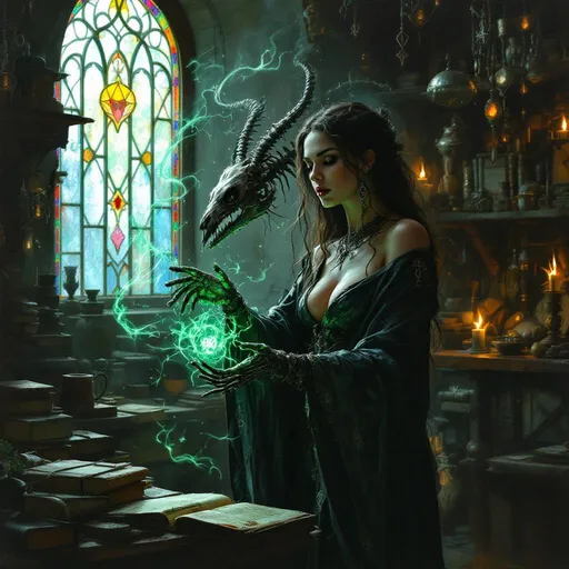 Prompt: in an ancient workshop brimming with dusty tomes and grim artifacts, a gorgeous and powerful female necromancer stands at the center, immersed in hard magical labor. The air is thick with the scent of burnt sage and the sun shines through a stained glas window, enhancing the magical atmosphere. Clad in midnight black leather robes that billow in an unseen wind, the necromancer focuses intently on the animal skeleton before her, bones intricately intertwined with dark runes. The body animated in the air.
Her expression reflects a blend of determination and dark curiosity, as wisps of eerie green energy pulse from her fingertips, animating the skeletal structure. In the background, arcane symbols float in the air, and the faint whisper of otherworldly voices echoes, creating an ambiance of both horror and beauty. This scene is captured in a dramatic oil painting style, rich in texture and depth.