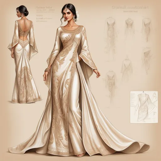 Prompt: technical drawing of a indian style satin silk weddingdress design, sleeves, tropical modest style, intricately detailed pencil drawing with numbers and measures, elegant flowing shapes, rustic parchment background, soft texture contrasts, warm highlights,, artistic presentation, dynamic angles, fashion illustration elements, high-quality craftsmanship, refined, inspiring, showcasing creativity and design excellence, beautiful composition.