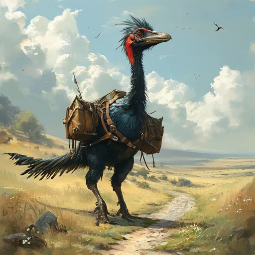 Prompt: (dinosaur-like flightless bird as transport animal), brilliant feathers, Harness, medieval fantasy setting, (watercolor), open plains, transport wagon, ancient cobblestone road, soft colors, serene atmosphere, rustic charm, expansive sky with delicate clouds, hints of wildflowers, intricate details in the bird's plumage, tranquil background blending hues of green and blue, ultra-detailed, enchanting scene.