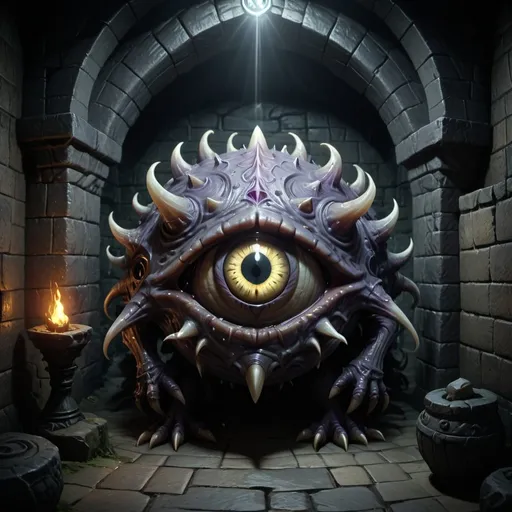 Prompt: (DnD beholder), (eyes on stillts everywhere), one big centre eye, menacing creature, dark dungeon setting, stone walls, eerie shadows, flickering torchlight casting ominous glows, high detail, dramatic lighting, atmospheric depth, (4K), intense and foreboding ambiance, mysterious textures and elements, dynamic perspective enhancing the monstrous feel, captivating fantasy scene.