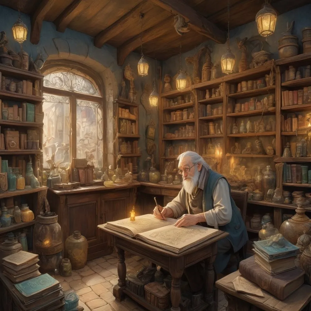 Prompt: highly detailed, Ink painting of a magic shop, elderly shopkeeper, chrystal lights, dragons, potions, books, magic books, rune stones, vintage, antique color palette, delicate line work, high quality, detailed, DND,  ink painting, Anton Pieck style, line art,  vintage colors, detailed features, sunny atmosphere