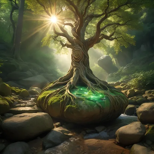 Prompt: (ancient tree growing atop a boulder in rocky terrain), Green and wooden aspects, magical illuminating swirls, little stream flowing from the tree, sacred grove, mystical atmosphere, warm golden and emerald tones, rays of light filtering through the branches, enchanted forest background with dense foliage, high-definition, ultra-detailed, cinematic lighting, serene and awe-inspiring, crisp image quality, nature's magic, intricate root systems wrapping around the boulder, ethereal vibes.