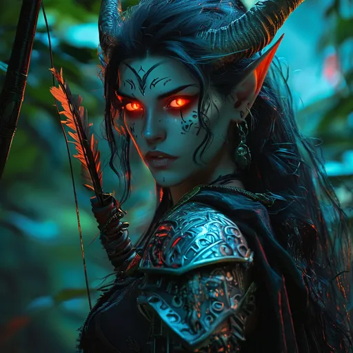 Prompt: (stunningly beautiful, wild dark elf), in ambush, (WoW style), dark moonlit night, red glowing eyes, jungle setting, intricate shadow details, vibrant foliage, bow in hand, mystical ambiance, cool tones, dramatic lighting, high contrast, ultra-detailed character, powerful stance, enchanting atmosphere, rich textures, depth of field, immersive surroundings, high quality