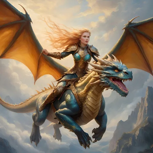 Prompt: Dragon rider Valkyrie in realistic oil painting, flying through the sky, majestic dragon with vibrant scales, ethereal wings, flowing golden hair, fierce expression, mythical landscapes, high fantasy, oil painting, vibrant colors, epic scale, detailed armor, stunning face, atmospheric lighting, professional, highres, fantasy, oil painting, dragon rider, Valkyrie, flying, majestic, ethereal, fierce expression, vibrant colors, high fantasy