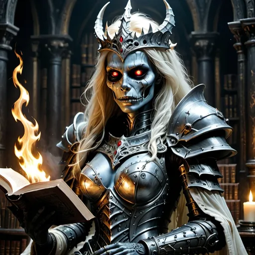 Prompt: (god-like lich queen), flawless decaying ivory face, magnifcent plate armor, (mesmerizing burning eyes), a sense of death and inevitable fate, surrounded by ancient books symbolizing profound knowledge, magical illumination, active spellbook illuminated, dark and eerie backdrop, candlelit ambience creating ominous shadows, (highly detailed, ultra-realistic), cinematic lighting, atmosphere steeped in mystique and power.