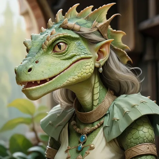 Prompt: realistic portrait of a female lizardman DnD Character, (Anton Pieck style), watercolor, whimsical and enchanting scene, soft color palette, dreamy ambiance, intricate details, gentle brush strokes, high-quality look, ethereal atmosphere, infused with a sense of nostalgia and wonder, ultra-detailed.