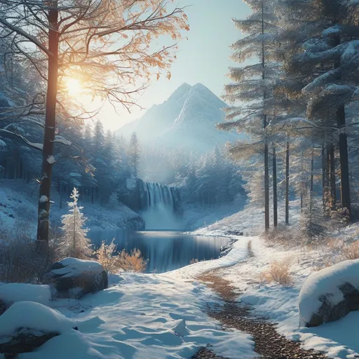 Prompt: Macro Winter scene, (serene forest path), small mountain lake, (snow-covered banks), hilly landscape, sparkling icy waterfall, (snow-clad trees), golden sun rays filtering through branches, tranquil ambiance, cool tones with bright white snow, soft shadows, dreamy atmosphere, detailed textures, (4K), ultra-detailed, enchanting winter landscapes.