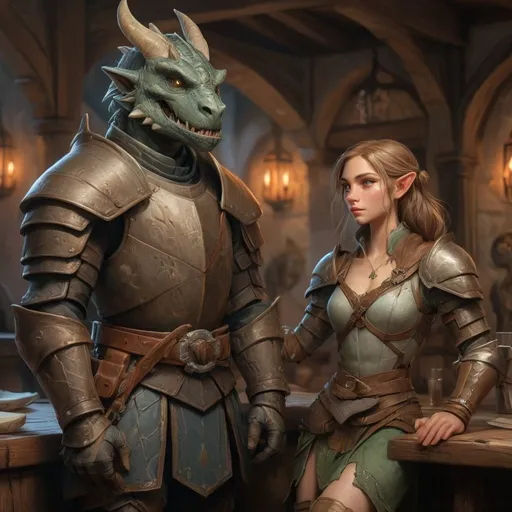 Prompt: fresco of a full body scene of a Dragonborn and a DnD Elf character, medieval fantasy, tavern setting, sketch art, intricate Victorian armor, detailed scales, high quality, medieval fantasy, intricate armor, mythical creatures, dramatic lighting, intense atmosphere, detailed facial features, fantasy illustration