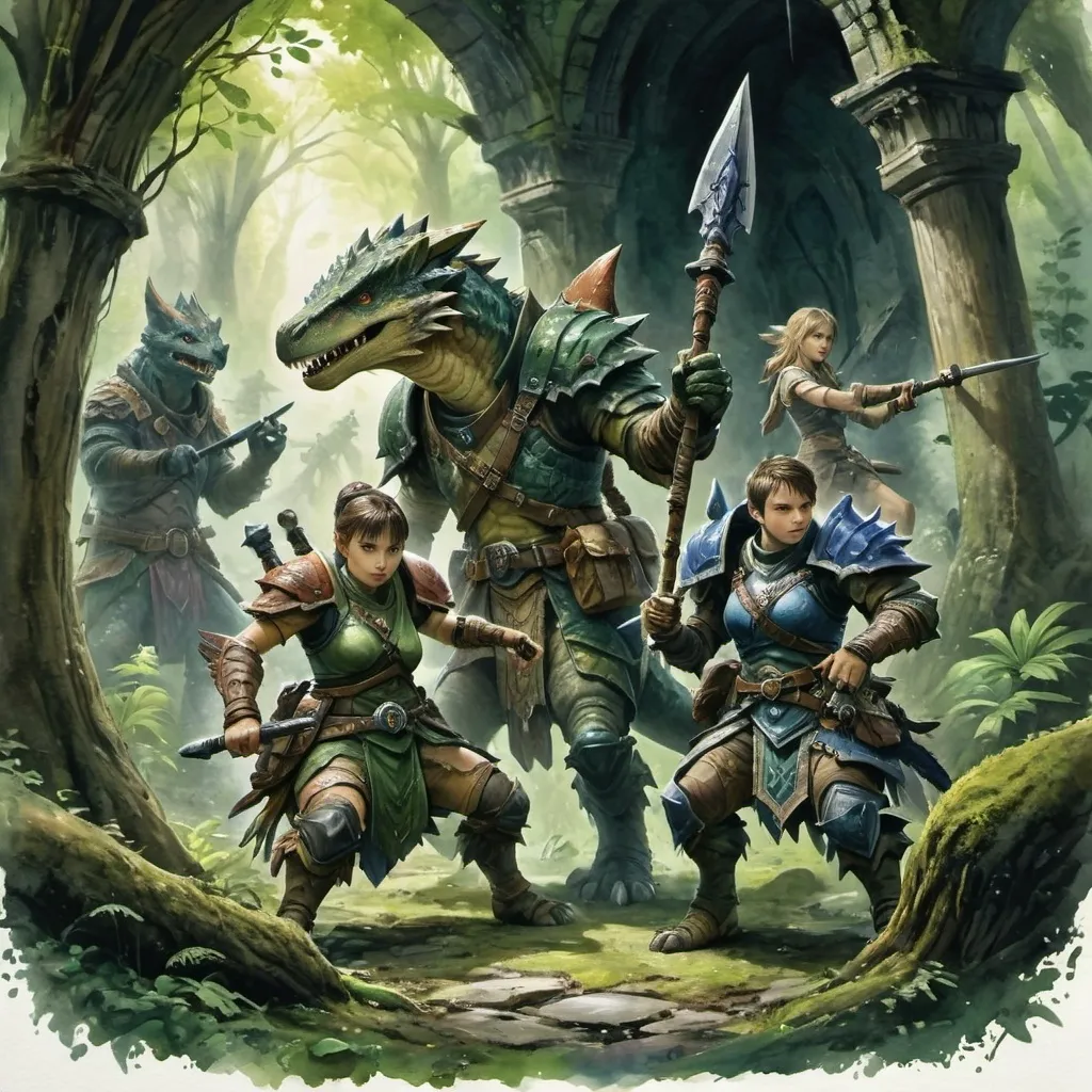 Prompt: (watercolor painting), (DnD monster hunter party), richly detailed characters in dynamic poses, intricately designed weaponry, lush mossy woodlands, ancient ruins shrouded in mystery, (monsters lurking in the shadows), vivid greens and earthy tones, magical lighting casting enchanting shadows, a whimsical yet tense atmosphere, (Justin Gerard style), ultra-detailed, immersive storytelling composition.