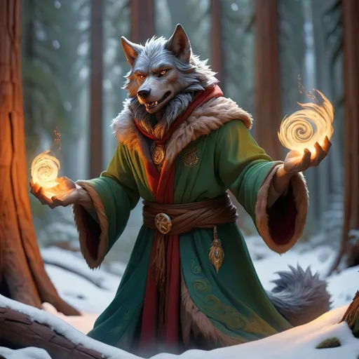 Prompt: Full body werewolf mage in a sequoia forest in winter, Magical swirling flashes, low sun, detailed mage robes, warm and homely atmosphere, high quality, detailed fur, fantasy, magical, mystical, snowy landscape, peaceful setting, vibrant fur colors, serene and enchanting lighting