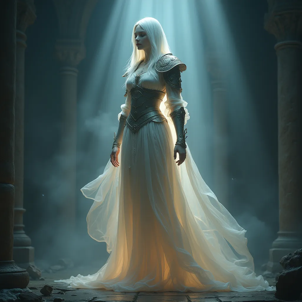 Prompt: realistic, (female ghost guardian), (hovering ancient spirit), transparent, ghostly appearance, illuminated, ancient medieval fantasy armor, eerie glow, tranquil atmosphere, surrounded by ancient treasury, tranquil mood, high detail, ultra-detailed, 4K resolution, captivating aura.