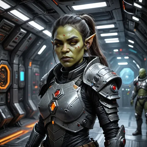 Prompt: Female Orc DND character, (high-tech futuristic space outfit), (ready for battle), (tech battle armor), intricate details, laser rifle at the ready, illuminated armor panels, sleek design, posture of confidence, (space station surroundings), spaceship and blinking control panels in the background, vibrant colors, contrasting shadows, immersive sci-fi ambiance, (4K ultra-detailed), dynamic energy.