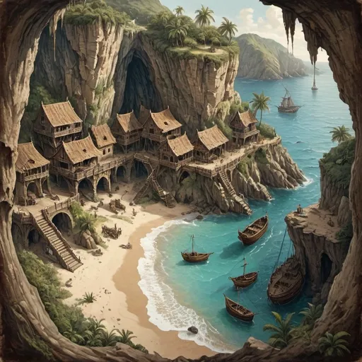 Prompt: Medieval fantasy painting of a secret pirate cove, DnD style, tropical beach,  shipwreck houses, coastline, vintage paper, detailed line art, docks, antique ships, intricate details, high quality,  vintage paper texture, detailed illustration, birdseye view, fort ruines, Cliff, seacaves, sea serpent, waterfall

