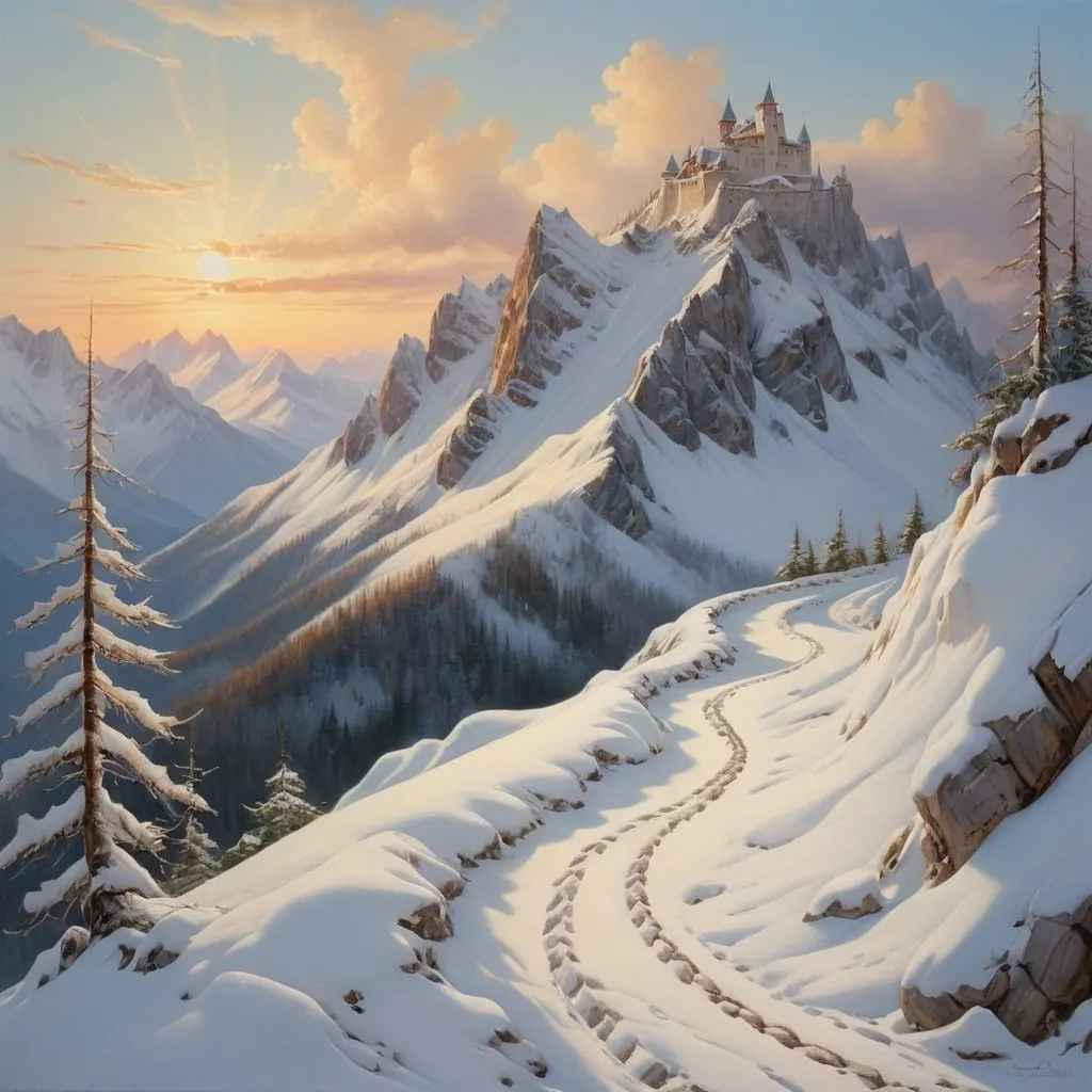 Prompt: winding snowfilled mountain track next to a steep edge leading up to the distand high peaks, oil painting painting, animal tracks, deep snow, low sun shining, drifting clouds, high quality,  snowy, mountains, sunlit, serene, peaceful, scenic, soft colors, artistic, drifting clouds, winter scene, snow, ice, anton pieck style castle in the distance