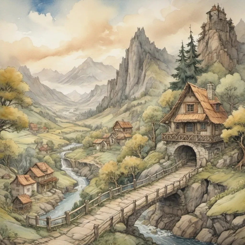 Prompt: Anton Pieck style, medieval fantasy watercolor mountain landscape, valleys and ridges, trees, alm with animals, connected roads, summer, farm fields, wind, Wild water river, waterfalls, wooden Bridge, mysterious, sweeping golden clouds, professional quality, 