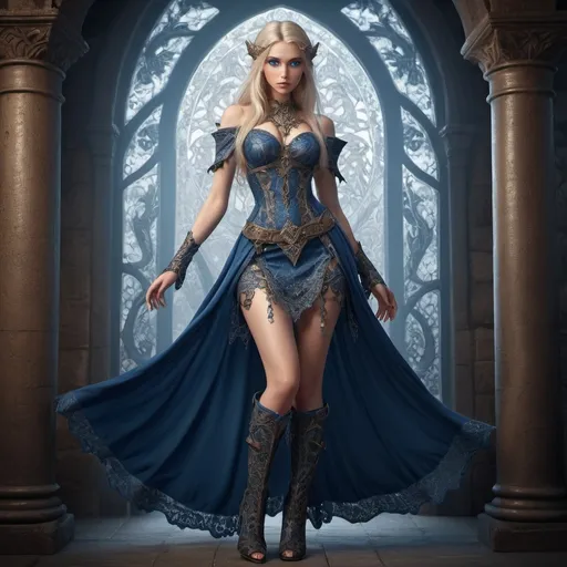 Prompt: beautiful elf woman dressed in, (highly detailed high heel calf high adventurer boots), flowing dress, intense blue eyes, (open intricate lace elements), open design, medieval fantasy, (elegant design), skintight fit,  dynamic angles, captivating visual appeal, (ultra-detailed), warm lighting, realisitc