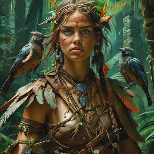 Prompt: realistic oil painting, Female Adivasi  druid with bird elements, (medieval fantasy), clad in leather armor robes, casting nature spells, surrounded by a lush jungle setting, ancient jungle ruins, vibrant green tones, (mystical ambiance), detailed character features, captivating expressions, intricate armor designs, weapon details, (highly detailed), (4K), capturing the essence of a DnD character immersed in a magical experience.