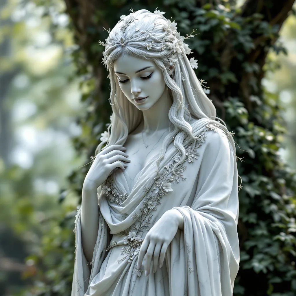 Prompt: (realistic Calacatta marble statue), stunningly beautiful statue, (veiny marble features), (gorgeous face), long medieval fantasy dress, guarding posture, (dominant stance), looking over shoulder, (overgrown forest clearing), ethereal light filtering through foliage, (highly detailed), (4K), dramatic shadows and highlights, captivating and mystical vibe.