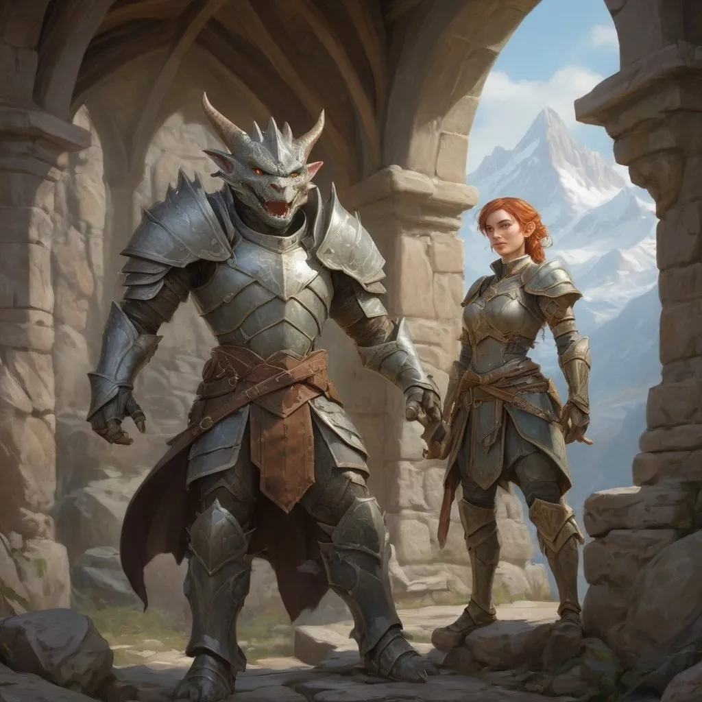 Prompt: fresco of a full body scene of a Dragonborn and a DnD Elf paladin character, medieval fantasy, group of adventurers in the background, mountain peak setting, sketch art, intricate Victorian armor, detailed scales, high quality, medieval fantasy, intricate armor, mythical creatures, dramatic lighting, intense atmosphere, detailed facial features, fantasy illustration