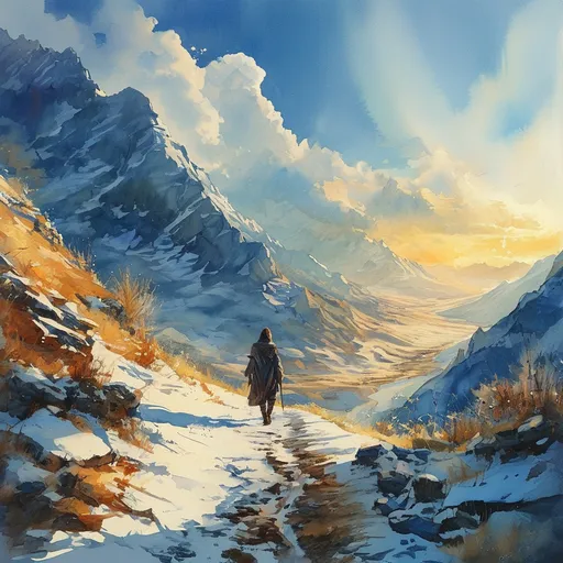 Prompt: (anton pieck style watercolor painting), mountain path in the snow, over the ridges of high mountains, (glorious wide view), golden sunbaked clouds, sunny winter day, lone traveler, medieval fantasy, serene atmosphere, intricate details of snow, vibrant yet warm color tones, captivating lighting, immersive depth, tranquil and enchanting scene, (4K ultra-detailed) quality.