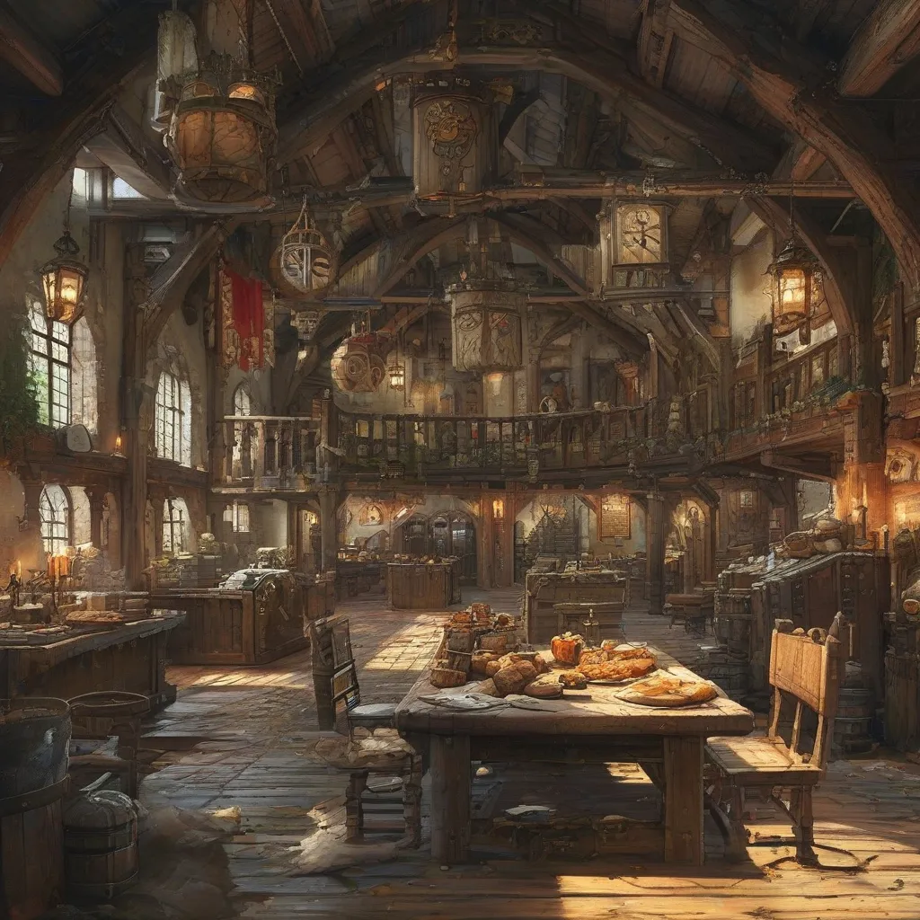 Prompt: Medieval fantasy adventurers guild, Anton Pieck style, (rustic wooden interior), large open rustic bank like rooms, (high security deposit counters with gates and tellers), DND characters, chairs and tables with food, monster parts laying around, ambient warm lighting, maps and hunting trofees on the wall, detailed shadows, banners hanging from the ceiling, intricate woodwork, scattered adventurers' gear, cozy yet bustling vibe, various weapons displayed, (ultra-detailed), (4K).