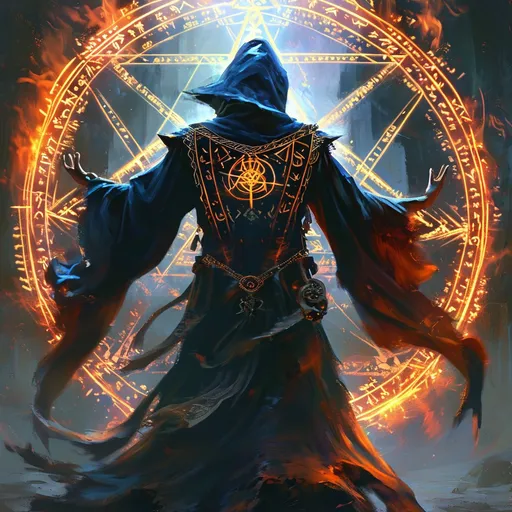 Prompt: (demon summoning), mystical maximum power from the ancient magical (circle with runes), intense (flames) dancing wildly, a powerful Wizard in an intricate robe, dramatic pose, foreground focus, swirling dark magic, shadowy ambiance, ethereal glow illuminating the scene, lush fantasy landscape in the background, cinematic depth, ultra-detailed, high-quality, perfect for fantasy art lovers.