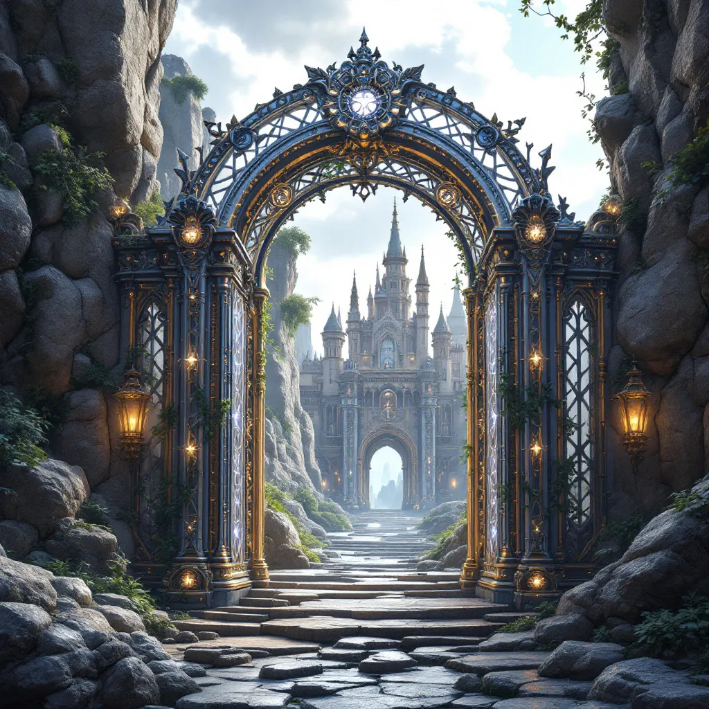 Prompt: digital art, magnificent metallic fantasy gate, intracate metullargy mechanics and magic, leading to a grand mansion, surrounded by rugged rocky terrain, abundant moss, and lush trees, ethereal lighting filtering through foliage, enchanting atmosphere, rich colors with high contrast, intricate details in the gate design, ultra-detailed, captivating, fantasy landscape with a sense of adventure and mystery