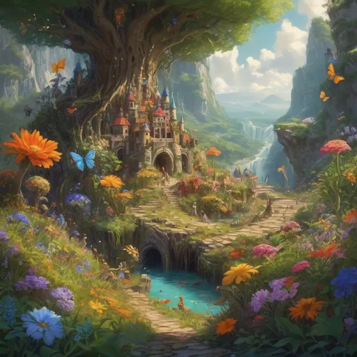 Prompt: (tiny DnD adventurers in a supersized macro world), (majestic flowers and roots), (medieval fantasy setting), (colossal insects), vibrant colors, cheerful sunlight, ultra-detailed, oil painting style, good lighting, lush greenery, expansive vista, fantastical elements