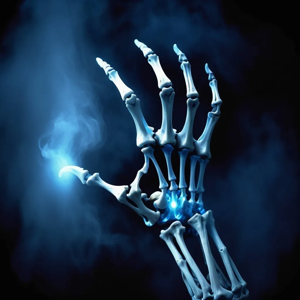 Prompt: Sinister, skeletal hand reaching zpwards the screen, grabbing, surrounded by blue illuminated magic fog, dark tones, high quality, ivory style, detailed, eerie, mysterious, mystical, sinister theme, skeletal, hand of death, creepy, eerie lighting, magical, bone structure, haunting, supernatural, atmospheric