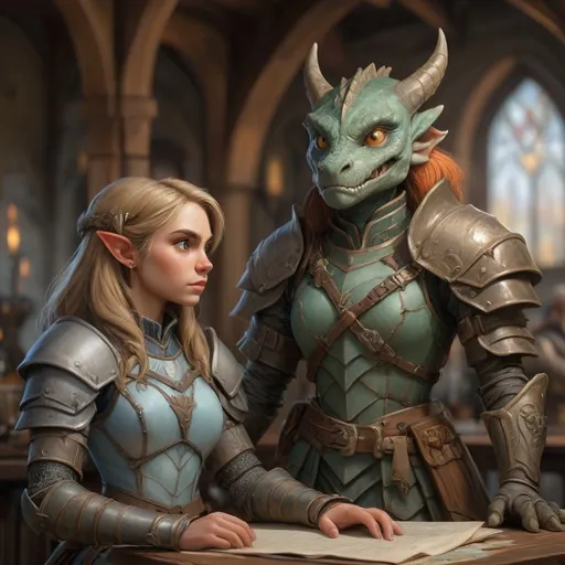 Prompt: fresco of a full body scene of a Dragonborn and a DnD female Elf paladin character, medieval fantasy, tavern setting, sketch art, intricate Victorian armor, detailed scales, high quality, medieval fantasy, intricate armor, mythical creatures, dramatic lighting, intense atmosphere, detailed facial features, fantasy illustration