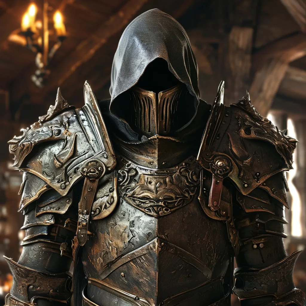 Prompt: high realistic, (cloaked dark figure), set in a (medieval fantasy tavern), atmospheric (shadowy ambiance), detailed leather armor, rich (wooden furnishings), mysterious (muffled conversations), detailed textures, (highly detailed), (captivating mood), evoking intrigue and suspense, immersive environment, (4K).