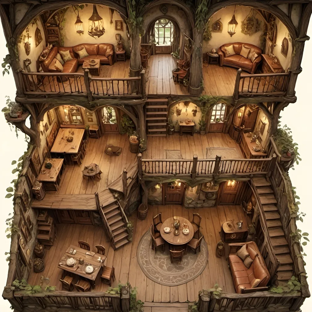 Prompt: Top view floor plan of a medieval fantasy room of a treehouse interiour, Anton Pieck style sketch, detailed interior layout, cozy and rustic atmosphere, warm earthy tones, intricate wooden furniture, chairs and tables, entrance, common room, drinks and meals, whimsical decorations, high quality, detailed sketch, antique style, rustic, cozy atmosphere, warm earthy tones, detailed interior,  whimsical decorations